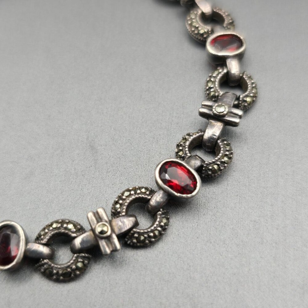 VTG Sterling Silver Garnet & Marcasite Link Bracelet 7.5" RF Hallmark Box Clasp - Picture 3 of 14